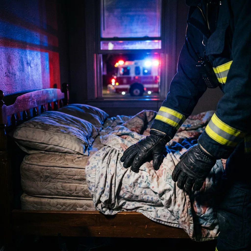 Firefighter in protective gear checking a person covered with a blanket on a bed with ambulance lights visible through window